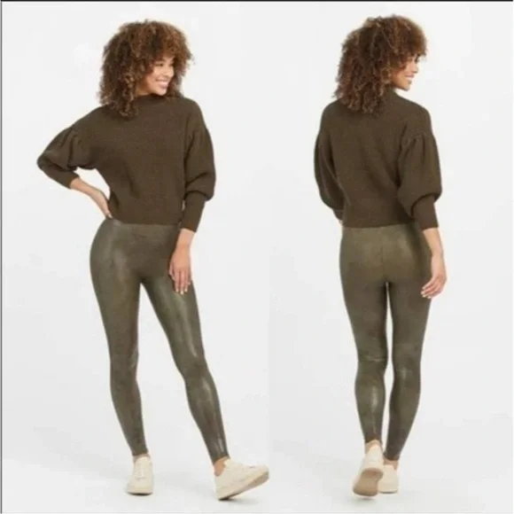 Spanx Olive Crocodile Embossed Faux Leather Legging Large